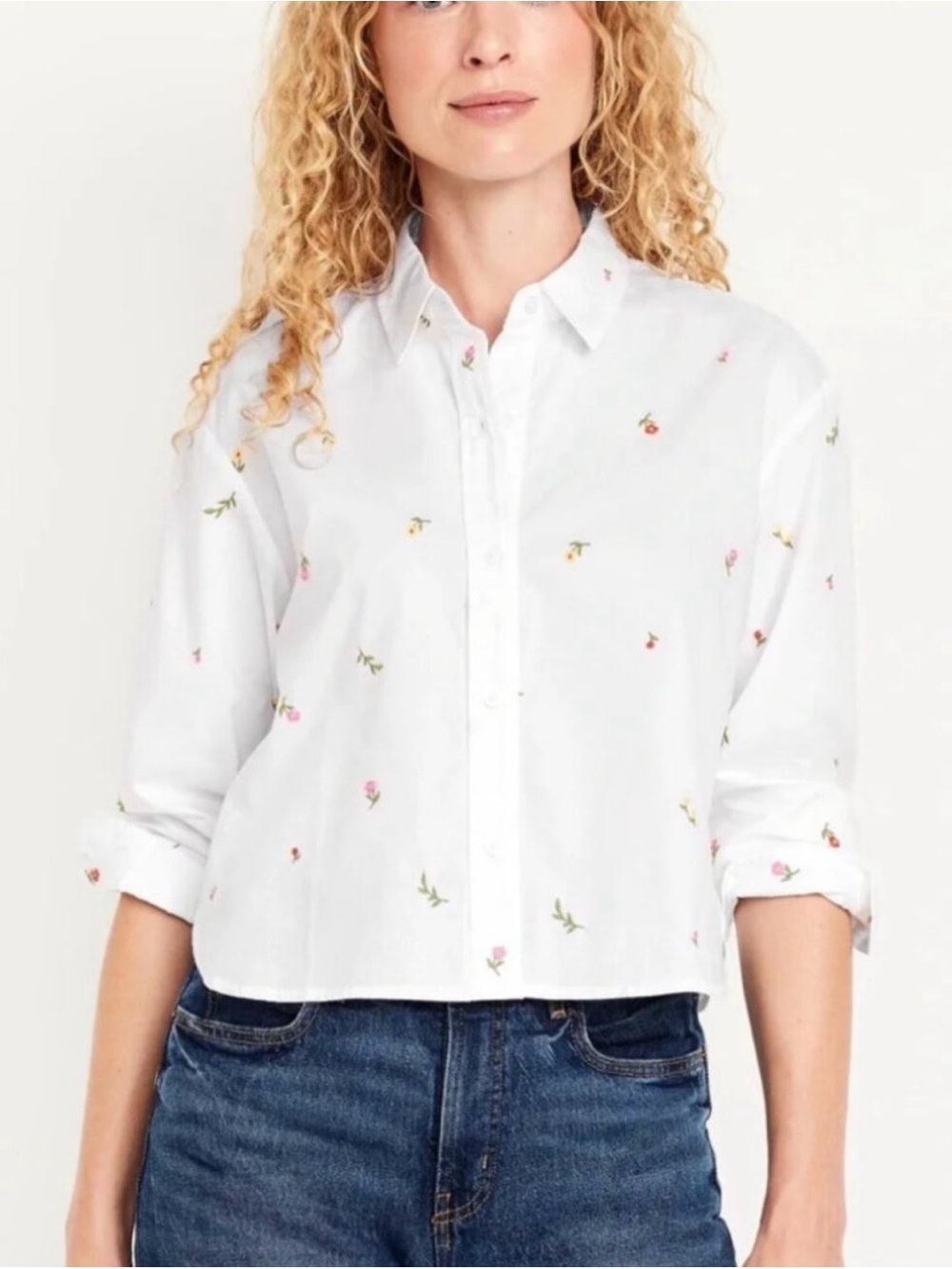 Old Navy White Embroidered Cropped Shirt Cotton Floral Button Front